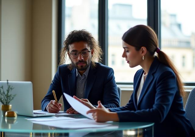Two legal professionals discussing a contract in a modern London office