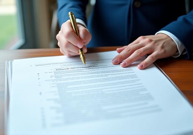 Close-up of a legal professional reviewing a document with clinical attention to detail